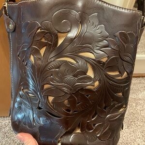 Patricia Nash Brown tooled Leather Floral bucket Shoulder Bag